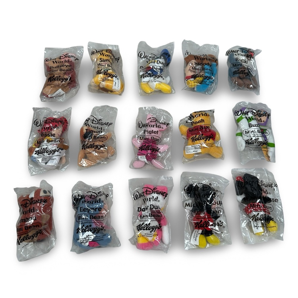 Disney World 2001 Kellogg's Mini Bean Plush Lot 15 Mickey Pooh Toy Story Sealed